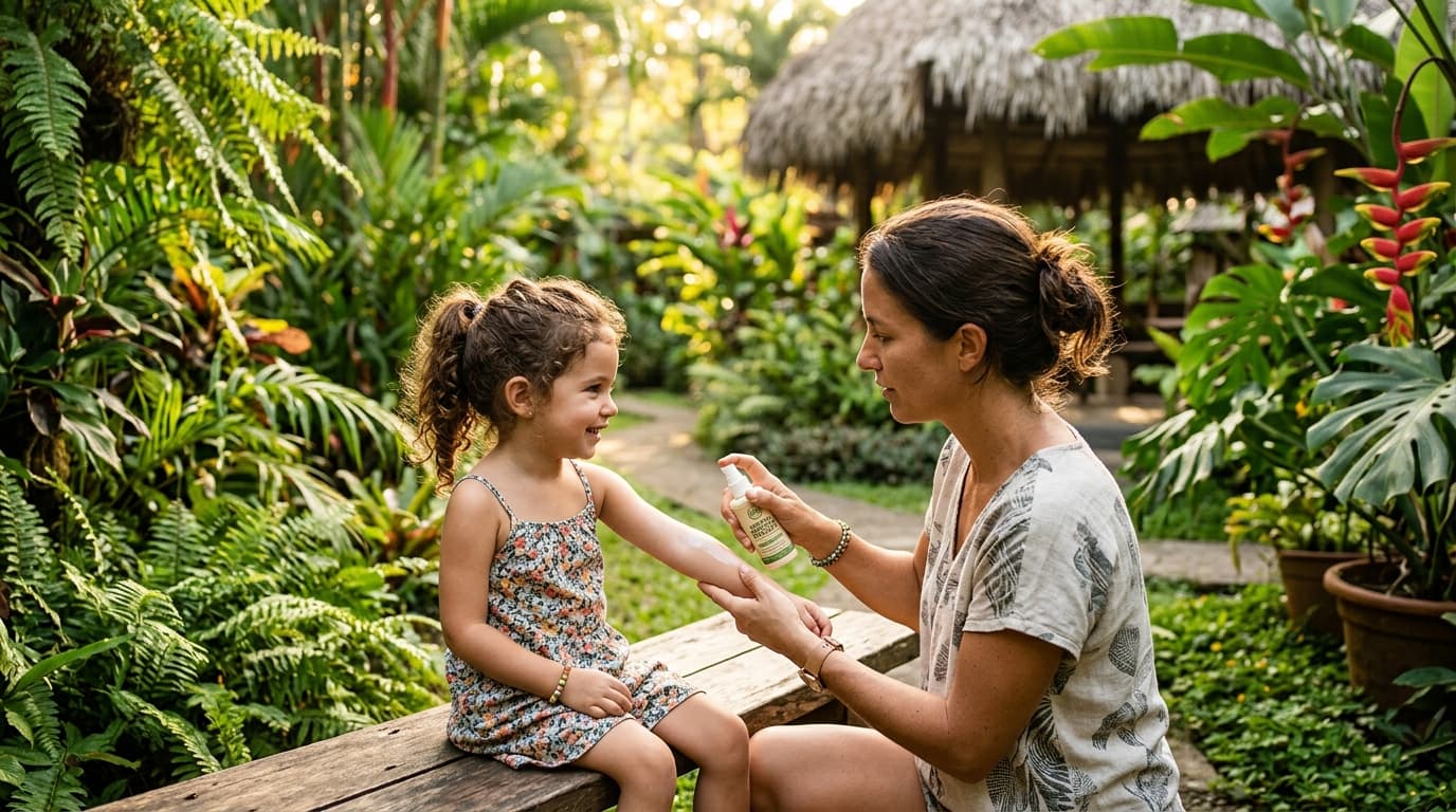 Family travel mosquito protection gear including kids repellent and bed net