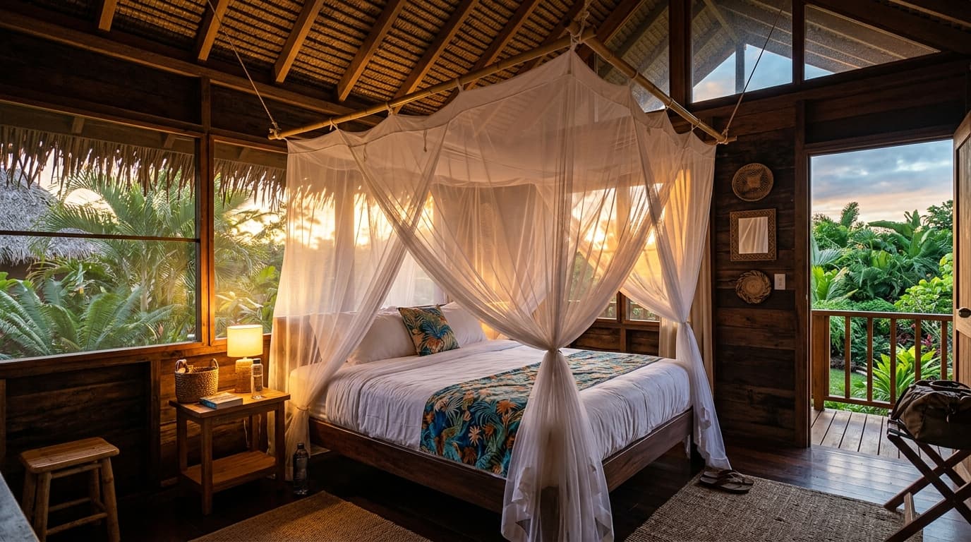 Travel mosquito net hanging over a bed in a tropical guesthouse